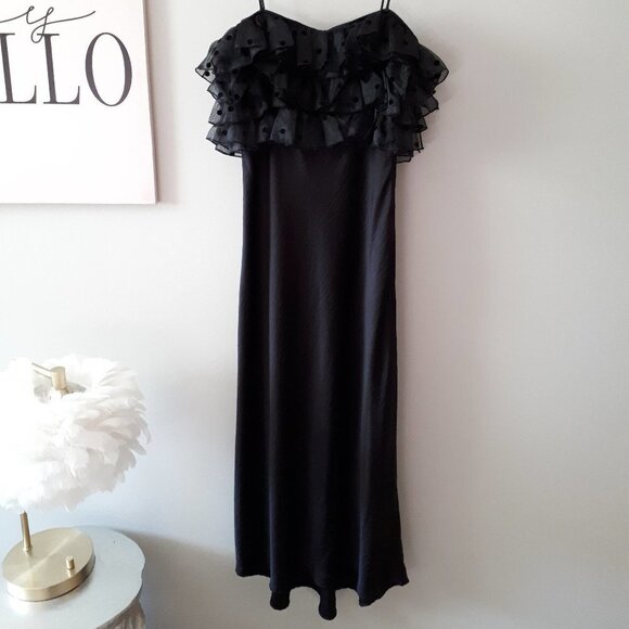NWT Zara black satin-like maxi slip-like long dress w/ sheer ruffled accents, M - Picture 6 of 10